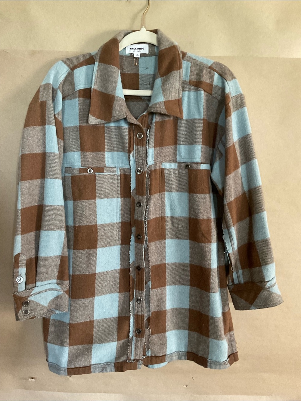 Ee:some Light Blue & Brown Buffalo Plaid Button-Up Shirt Jacket. Size M